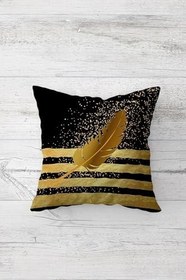 Resim Pelangi Gold Şeritli Ve Kuş Tüyü Desenli Gizli Fermuarlı Kırlent Kılıfı Koltuk Yastık Kılıfı Takım(4adet), Gold-Siyah 45 x 45 