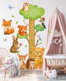 Resim Sulu Boya Orman Dostları XL Boy Ölçer Duvar Sticker - Çocuk Odası Dekoru - 114x70 cm / Renkli / Orman Hayvanları Temalı 