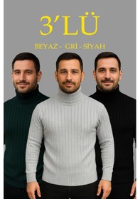 Resim Efnaz Style Erkek Fitilli Triko Kazak 3lü Set Gri Haki Siyah Regular Balıkcı Yaka Tam Boğazlı Triko Seti Modeli Kazak Çok Renkli 