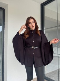 Resim Kemerli düğmeli panço-SİYAH - STD 