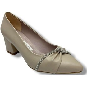 Resim C-shoes 150-26 Cilt Deri Düğüm Taşlı Kalın Topuk Kadın Ayakkabı 38-40 Krem 
