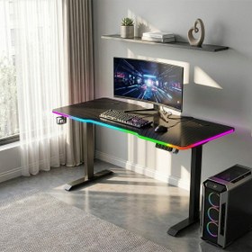 Resim G-Flex RGB Aydınlatmalı Elektrikli Yükseklik Ayarlı Oyuncu Masası - Siyah / Siyah / 140x60 