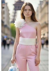 Resim Riccotarz Kız Çocuk Beli Şerit Ve Omuzunda Broş Detaylı Tek Omuz Pembe Tulum Pembe 