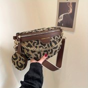 Resim Zincir Askılı ve Fermuarlı Kadınlar için Şık Retro Leopar Baskılı Çapraz Vücut Çantası - Geometrik Desenli Kumaş Bel Paketi, Günlük & Resmi Kıyafetler için Ayrılabilir Omuz Çantası ile Bozuk Para Cüzdanı (Koyu Kahverengi/Siyah) 