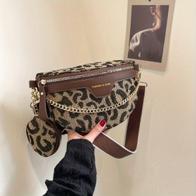 Resim Zincir Askılı ve Fermuarlı Kadınlar için Şık Retro Leopar Baskılı Çapraz Vücut Çantası - Geometrik Desenli Kumaş Bel Paketi, Günlük & Resmi Kıyafetler için Ayrılabilir Omuz Çantası ile Bozuk Para Cüzdanı (Koyu Kahverengi/Siyah) 