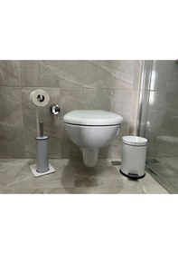 Resim Aju Tuvalet Kağıtlığı Fırçalık Ve Pedallı Çöp Kovası Seti Modern Ve Şık Siyah Metal Tasarım Beyaz 