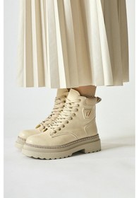 Resim Amona Bej Parlak Taş Detaylı Bağcıklı Bot 001 