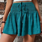 Resim Kadınlar için Şık Turkuaz Renkli İpli Bel Şortları - Günlük Şık Tasarım, Polyester, Makinede Yıkanabilir, Çok Yönlü Yazlık Giysi 