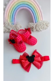 Resim Bilge Trend Kız Bebek Kırmızı Puantiyeli Minnie Mouse Patik ve Bandana Seti 