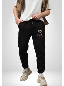 Resim Angemiel Hip Hop Gençlik Kedi Çeket Pamuklu 3 İplik Siyah Eşofman Altı Erkek Oversize Kesim Dijital Baskılı Siyah 