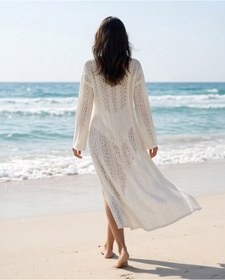 Resim Trend Kapında Yazlık Ajurlu Uzun Önü Açık Triko Kimono Kaftan, Plaj Giyim 