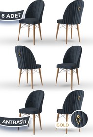 Resim Canisa Ritim Serisi, 1.sınıf Babyface Kumaş, Doğal Ahşap Ayak, Beyaz Kafesli 6 Adet Antrasit Sandalye 