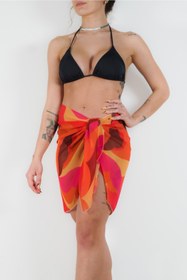 Resim pistore Kırmızı Turuncu Desenli Kısa Pareo Pareo Kadın Plaj Elbisesi Yeni Sezon 