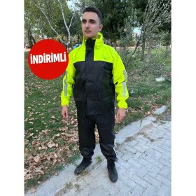 Resim Geborgenheit Kadın Erkek Fosforlu Yeşil Motorcu Yağmurluk File Astarlı Motosiklet Yağmurluğu Cepli 