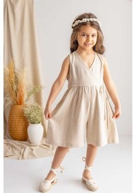 Resim Oliven The Kid Oliventhekid Bej Naturel Keten Pileli Kolsuz Anvelop Yanlardan Bağcıklı Kız Çocuk Tulum Bej Bej 