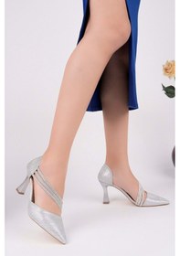 Resim Bulutmod Ba04412 Gümüş Simli Kadın Üç Taşlı Yanı Açık 8 Cm Topuklu Ayakkabı Gümüş Simli 