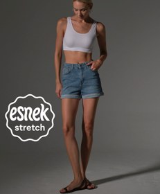 Resim Esnek Pamuklu Kumaş Paça katlamalı 5 cep mini Kadın Jean Şort @Katmer - Mavi / 38 
