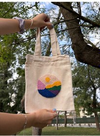 Resim Bolergıashop Monura Tasarım Canvas Omuz Çantası Bej - Beyaz - Pembe Punch İşleme 