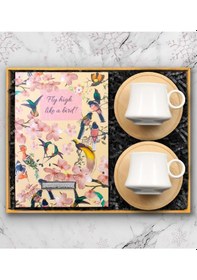 Resim Kişiye Özel Kuş Motifli Defter & 2'li Bambu Altlıklı Beyaz Türk Kahve Fincanı Hediye Seti 