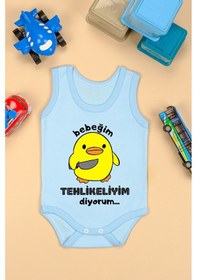 Resim Bebe Tospik Pamuklu Tehlikeliyim Diyorum Baskılı Çıtçıt Body Zıbın Mavı Açık Mavi 