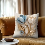 Resim 1 Adet, Şık Lale Desenli Yastık Kılıfı - Gerçekçi Olmayan 3D Kesim, Yumuşak Polyester, Fermuarlı, Mavi ve Altın Çiçek Deseni, Oturma Odası veya Yatak Odası Dekoru İçin İdeal, 44.96 cm, Salon Dekorasyonu | Zarif Ev Dekoru | Polyester Yastık Kılıfı, 2D Düz 