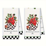Resim 2 Adet Büyük 45.72x66.04 cm Noel Çiçekli Mutfak Havlusu - Kırmızı Poinsettia, Ekose Kenarlı - Anneler Günü, Sevgililer Günü, Paskalya Hediyesi - Dayanıklı Polyester Bulaşık Bezleri - Tatil Dekorasyonu ve Günlük Kullanım İçin - Noel Mutfak Aksesuarları, Şenlikli Tasarım, Pürüzsüz Dokulu Havlu 