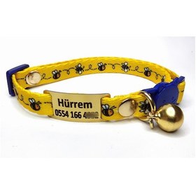 Resim Ayz Markalama Güvenlik Kilitli İsimli Kedi Tasması Sarı Arılı 