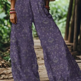 Resim Kadınların Retro Çiçek Desenli Geniş Bacaklı Pantolonları - Rahat Bol Kesim, Hafif Polyester, Bahar/Yaz için Mükemmel, Beyaz Çiçek Desenli, Yüksek Bel, Bağcıklı Bel Bandı, Dış Mekanlar için Mükemmel 