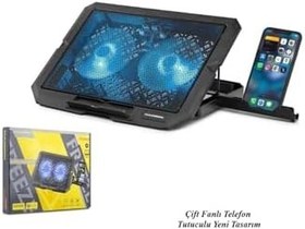 Resim gaman Laptop Soğutucu çift fanlı Mavi Led Işıklı Telefon Tutucu Ayarlanabilir Notebook Bilgisayar Stand Siyah 
