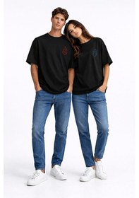 Resim Sevgili Kombini Ateş Su Minimal Çift Tişört Oversize Unisex Partn Siyah 