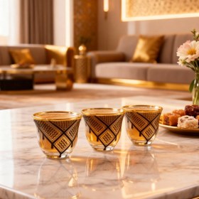 Resim Zaytoon® - Arabic Coffee Cup Set Keffiyeh 6-Piece - Glass - Yellow And Black 
