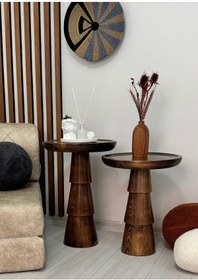 Resim ASELYA HOME Ahşap 2’li Set Mantar Yan Sehpa Modern Ceviz Renk Fiskos Zigon Çiçeklik 