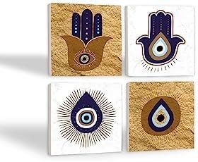 Resim Fatma Ana Eli (Hamsa), Nazar Taş Bardak Altlığı Seti - 4 Parça - Dekoratif, Rustik Mutfak Aksesuarı, 10x10 cm, Kaydırmaz Tabanlı, Şık ve Dayanıklı SC247 