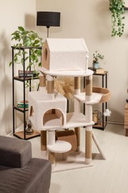 Resim Karamel Kedi Ağacı - 3 Katlı, Tırmalama Direği, Yatak Ve Oyuncaklı, Bej-kahverengi, kolay kurulum 