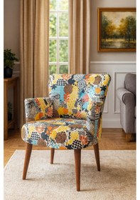 Resim Roma Modern Tekli Koltuk Berjer - Dijital Baskılı Kumaş - Ahşap Ayak - Baykuş Desen Baykuş 