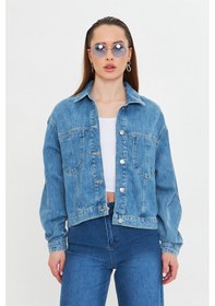 Resim Mavi Yıkamalı Oversize Denim / Kot Ceket Orta Mavi 