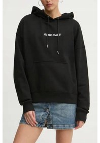 Resim Kadın Kapüşonlu Nakış Logolu Oversize Sweatshirt - Siyah Siyah 