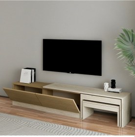 Resim Nest Tv Sehpası Modern Tasarım,2 Kapaklı Depolama Ve İkili Zigon Sehpa İle Fonksiyonel Mobilya Meşe 