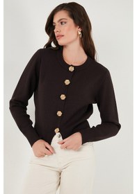 Resim Lela Premium Regular Fit Yuvarlak Yaka Crop Triko Bayan Hırka 680Hi00110 Kahve 