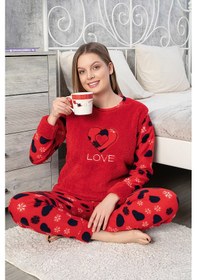 Resim Mtn Kalp Desenli Polar Kadın Pijama Takımı Kırmızı 