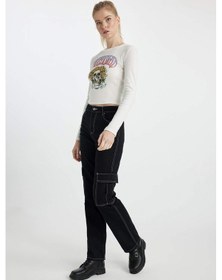 Resim DeFacto Coool Straight Fit Gabardin Pantolon Kargo Cepli Yüksek Bel B0458AX23AUBK27 Siyah 