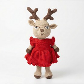 Resim Prime Sleeks El Örgüsü Amigurumi Ren Geyiği 40 cm Pamuklu Kırmızı Elbiseli Uyku Arkadaşı Oyuncak 