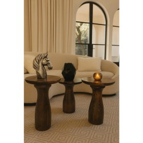 Resim Doğal Ceviz Renk Ahşap Mantar Sehpa Seti – 3’lü Zigon Fiskos Takımı 