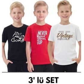 Resim Panios Kids 3'lü Yuvarlak Yakalı Baskı Detaylı Basic 3 Parça Erkek Çocuk Tişört Siyah - Kırmızı 