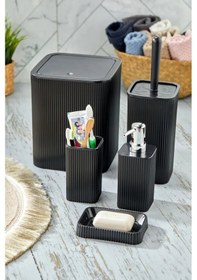 Resim Line 5 Parça Kare Banyo Seti - Çöp Kovası Wc Fırçası Sıvı-katı Sabunluk Diş Fırçası Siyah 