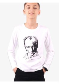 Resim Breeze Çocuk Atatürk Baskılı İnce Uzun Kollu Pamuklu Bluz-13686-beyaz Beyaz 