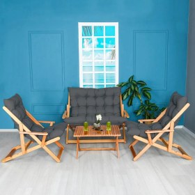 Resim Reyo Bysay Ahşap Katlanabilir Taşinir Puf Minderli Kollu Şezlong Plaj Bahçe Teras Balkon Sandalyesi Koltuğu Takimi 4 Lü Set Antrasit 