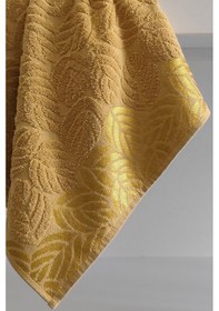 Resim 2'li Jakarlı Yaprak Desenli %100 Pamuk El Yüz Havlusu-50x90cm Hardal Hardal 