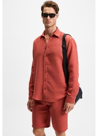 Resim Grimelange Raımo Erkek %100 Pamuklu Müslin Kumaş Manşetli Uzun Kol Comfort Fit Kiremit Rengi Gömlek 