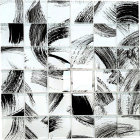 Resim Mutfak Tezgah Arası, Havuz, Banyo, Havuz, Sauna, Spa ve Tüm Ortam ve Yüzeyler Için, 48X48X6 mm. Beyaz Siyah Fırça Desenli, 30X30 cm. Fileli Kristal Cam Mozaik. ( 1 M2 Fiyatıdır ) 